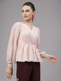 Peach cotton lace casual top, long sleeves, printed net, feminine style with overlap neck and cinched elastic waist - Indian made