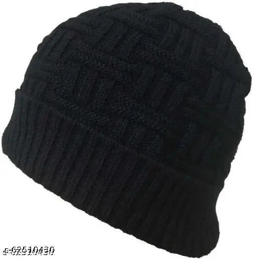 Stylish black wool beanie cap, checked pattern for winter, unisex design from India