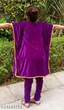 Purple velvet kaftan churidar set for girls, unique designers, trendy, lightweight velvet, knee-length, long sleeves