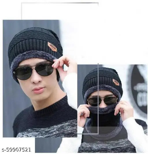 Woolen unisex beanie cap combo (pack of 2) with fur inside, warm and fashionable winter accessory