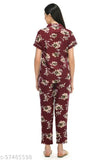 Printed poly crepe womens night suit: shirt & pyjama set with short sleeves, collared neck, elasticated waistband - India
