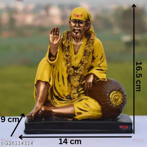 Yellow resin Sai Baba Idol gift statue for home decor, office Vastu Fenshui spiritual showpiece - 17 cm