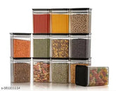 Black airtight modular kitchen storage jars (12 x 1100 ML), ideal for spices, dry fruits, and snacks. BPA-free, food-grade plastic, transparent body, colorful lids