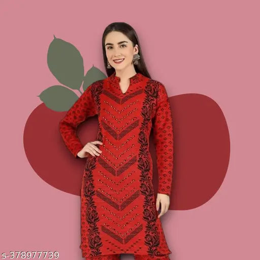 Attractive women's printed woolen A-line kurta, warm & stylish for winter, easy to care