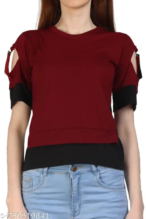 Maroon cotton solid short sleeve oversized loose hip hop t-shirt for women and girls, trendy and comfortable fashionable streetwear