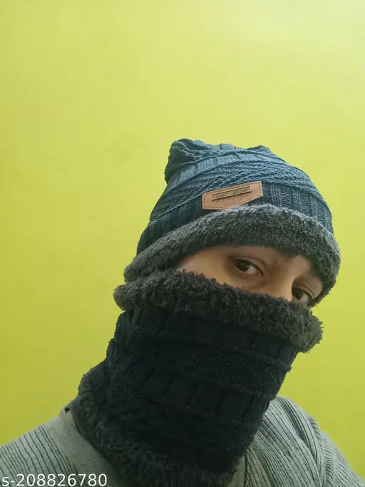 Black woolen beanie hat with faux fur lining & muffler scarf, thick fleece knit - unisex winter wear