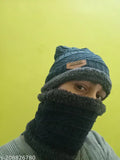 Black woolen beanie hat with faux fur lining & muffler scarf, thick fleece knit - unisex winter wear
