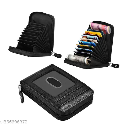 Black genuine leather bifold wallet, 9 slot vertical card holder with zipper coin purse for both men and women