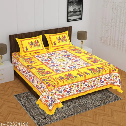 Rajasthani printed pure cotton Jaipuri double bed size bedsheet with 2 pillow covers, vibrant traditional pattern for summer adult use