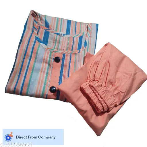 Multicolor stripe print round neck cotton kurta palazzo set, perfect for college or office wear. Breathable cotton fabric ensures comfort and tradition meets contemporary style