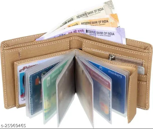 Beige faux leather men's wallet, 8 card slots, regular size. Soft and firm artificial leather design, ideal for gifts. Made in India