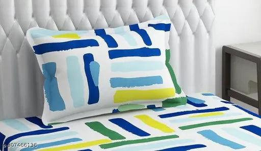 White glace cotton single bedsheet with geometric stripe design, ideal for summer, breathable and wrinkle-free
