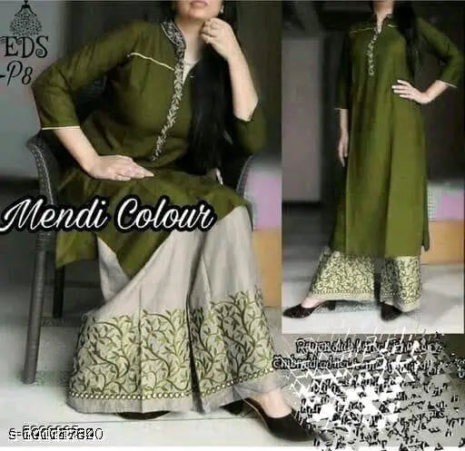 Rayon Abhisarika alluring women's kurta set with palazzo bottoms, solid color and three-quarter sleeves