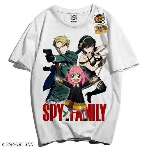 White Polyester Round Neck Spy X Family Printed Casual Tee, Unisex fit and high-quality print