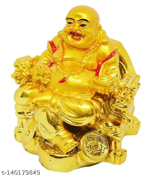 Laughing Buddha statue, poly resin figure, Indian artistry. Sitting on chair, brings prosperity, success." (109 characters)