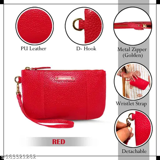 Cherry Red PU Leather Hand Clutch Wallet, MANDAVA women's purse with detachable wristlet strap - premium, soft, luxurious design for special occasions