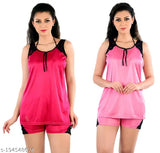Red & Coral Pink Women's Satin Top & Shorts Set, comfortable fashionable nightsuits by Nightdoll