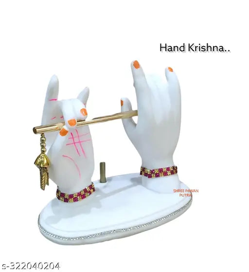 White polyresin Krishna idol with peacock feather and flute, perfect for home decor or temple gift (6 inches)