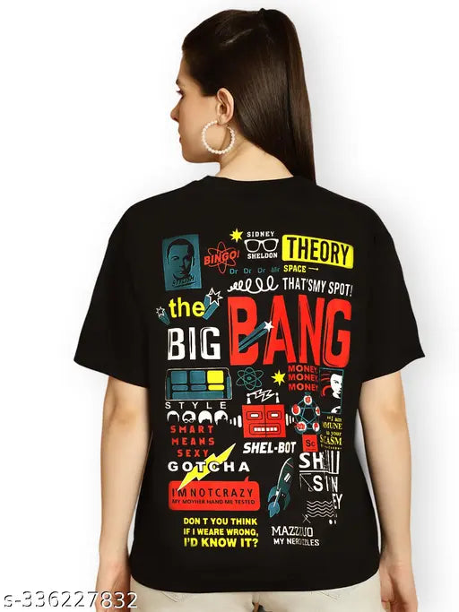 Oversized printed black women's cotton t-shirt with short sleeves and drop shoulders - India