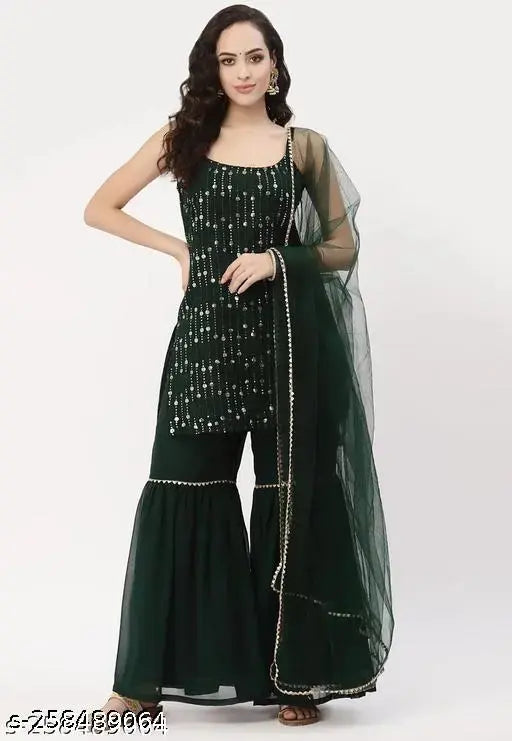 Green Georgette embroidered Sharara suit for women - single set with kurta and dupatta, sleeveless, ever-hot selling Indian fashion
