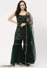 Green Georgette embroidered sharara suit: sleeveless kurta with dupatta and bottomwear, hot-selling Indian ethnic wear