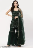 Green Georgette embroidered Sharara suit for women - single set with kurta and dupatta, sleeveless, ever-hot selling Indian fashion