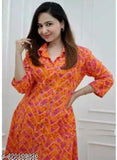 Orange rayon anarkali A-line kurta set with pants for women, three-quarter sleeves, printed design, various sizes available