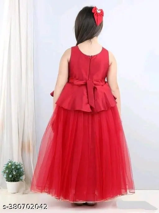 Fancy net kids peplum gown, sleeveless party dress for girls aged 3-12, vibrant solid color style