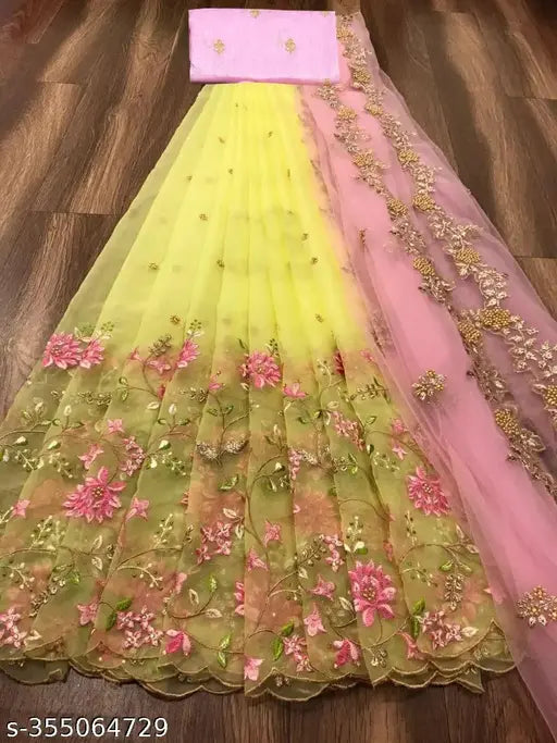 Embroidered floral dupion silk and net lehenga choli with semi-stitch and cut work, free size (waist 44 inches, length 43 inches), flared style, Indian origin