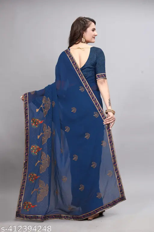Embroidered blue Zamato saree with fensi lace and diamond work, lightweight and comfortable for formal wear