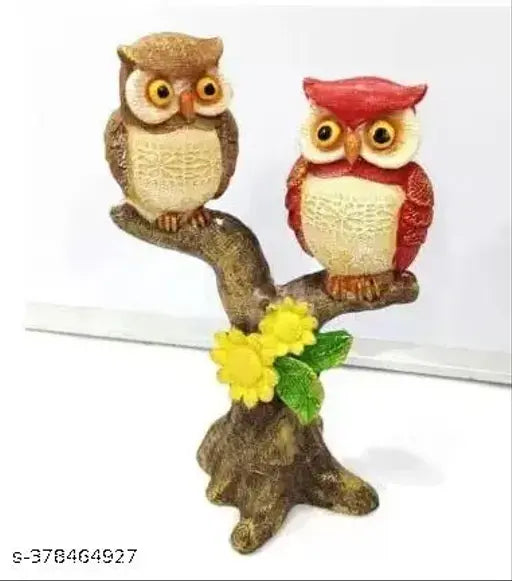 Hand-painted decorative owl pair on tree statue, premium quality polyresin showpiece for living room or office, perfect for gifting and home decor
