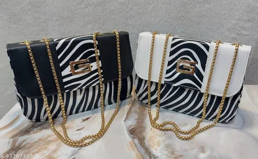 Synthetic sling bag combo (black & white), trendy animal print design for women and girls. Two compartments, free size