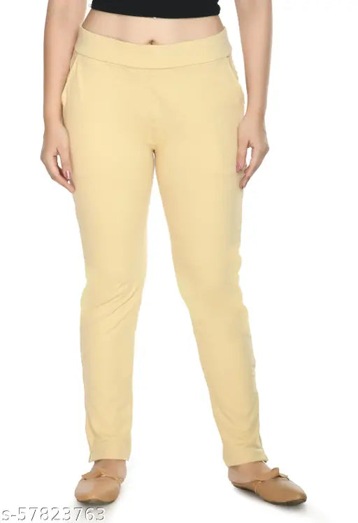 Beige cotton jeggings by PREEGO - stylish, glamorous women's pants for formal and casual occasions. Made in India