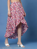 Pink printed net crepe high-low wrap skirt, OOMPH Women's floral layered design, elastic waist