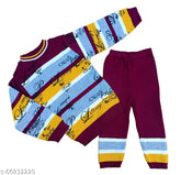 Purple striped woolen sweater set for boys and girls, long sleeves winter wear on display, sizes range from 6-12 months to 4-5 years, made in India