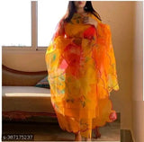 Women's Radhika Yellow Kurta Set, cotton silk with three-quarter sleeves and printed pattern, single piece for a confident look