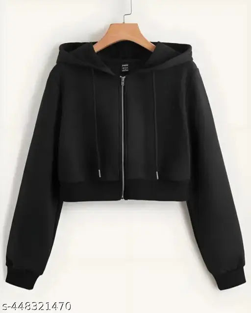 Black wool solid crop zipper hoodie kids jacket trendy sweatshirt, long sleeves on display stand