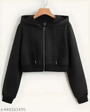 Black wool solid crop zipper hoodie kids jacket trendy sweatshirt, long sleeves on display stand