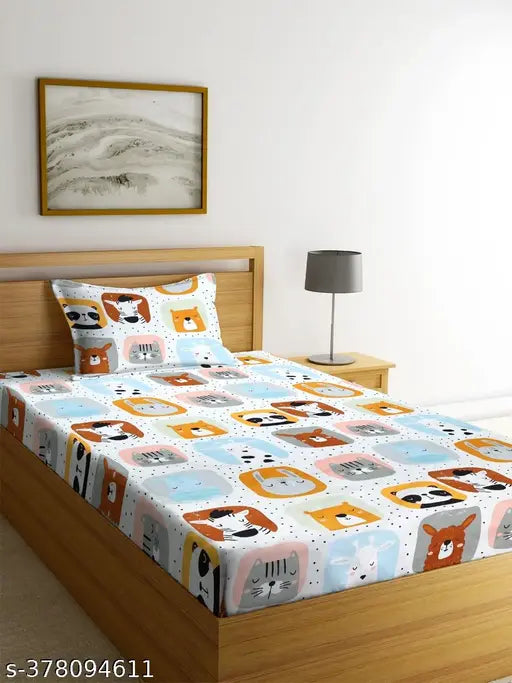 Premium cotton cartoon design single flat bedsheet, supersoft 210TC with 1 pillow cover for kids, ideal for summer