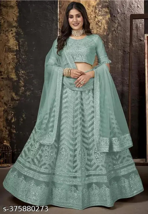 Mint green embroidered net lehenga choli with embellished dupatta, traditional Indian bridal wear semi-stitched (waist size 44in, length size 42in, dupatta length 2.25in), made in India