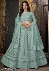 Mint green embroidered net lehenga choli with embellished dupatta, traditional Indian bridal wear semi-stitched (waist size 44in, length size 42in, dupatta length 2.25in), made in India