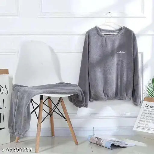 Grey women's woolen nightsuit for winter - warm and cozy pyjamas made from pure wool, perfect for chilly nights