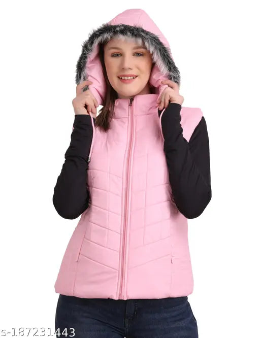 Sleeveless nylon winter jacket for women, solid pattern, lightweight and warm, size M (38in bust, 25in length), made in India
