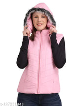 Sleeveless nylon winter jacket for women, solid pattern, lightweight and warm, size M (38in bust, 25in length), made in India