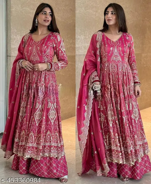 Designer chiffon party gown with sharara collection, heavy embroidery work in pure heavy Chinnon silk with dupatta, Indian origin