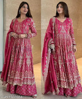 Designer chiffon party gown with sharara collection, heavy embroidery work in pure heavy Chinnon silk with dupatta, Indian origin