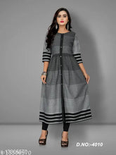 Women's striped cotton flared kurti, three-quarter sleeves, single color, available in M, L, XL, XXL, XXXL. Indian handcrafted stripe patterned kurti on mannequin