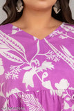 Plus size purple rayon short kurti, printed with trendy Indian design, flared sleeves, 46 in bust (XXXL)