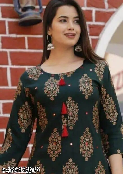 GREEN RED rayon kurti set with solid design, stunning look, 3/4 sleeves & round neck - Latest fashion trend for women