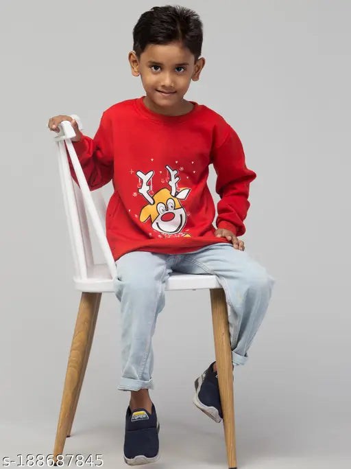 Christmas reindeer kids long sleeve cotton sweatshirt, round neck cartoon graphic holiday sports top - playful reindeer design for festive wear
